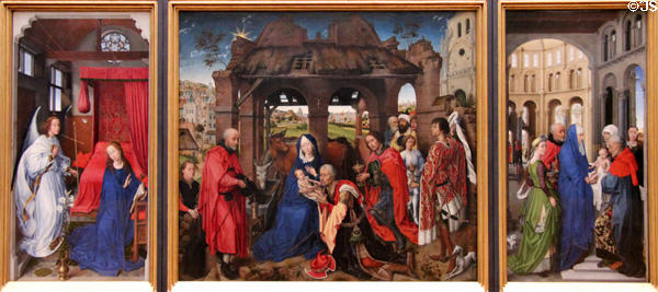 Three Kings Altar from St Columba church in Cologne alterpiece painting (1455) by Rogier van der Weyden at Alte Pinakothek. Munich, Germany.