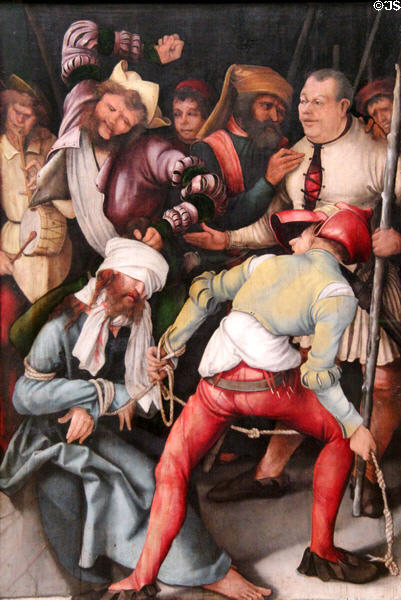 Flagellation of Christ painting by Mathias Grunewald at Alte Pinakothek. Munich, Germany.