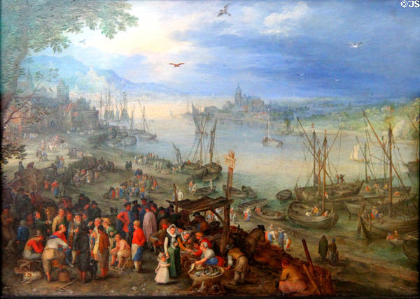 Fish market on banks of a river painting by Jan Brueghel Elder at Alte Pinakothek. Munich, Germany.