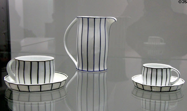 Porcelain cups & saucers plus pitcher (c1910) by Josef Hoffmann for Vienna Porcelain Manuf. at Pinakothek der Moderne. Munich, Germany.