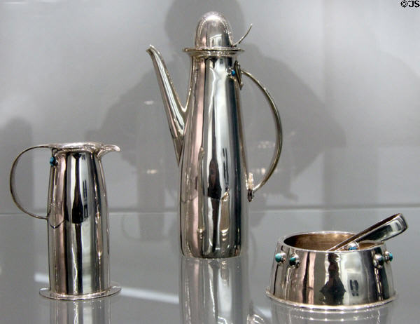 Silver tea service (1902) by Archibald Knox for W.H. Haseler of Birmingham, England at Pinakothek der Moderne. Munich, Germany.