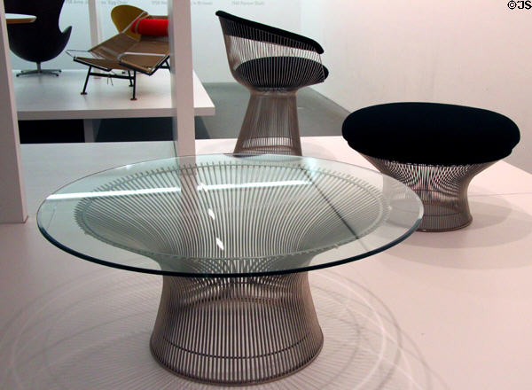Coffee tables & chairs with metal wire bases (1960s) by Warren Platner for Knoll Internation of Murr, Germany at Pinakothek der Moderne. Munich, Germany.