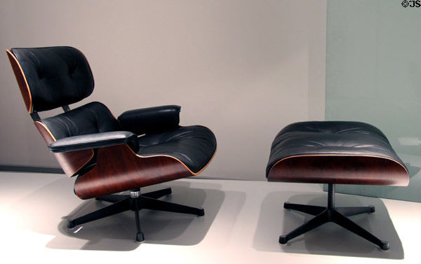 Lounge chair & stool (1956) by Charles Eames & Ray Eames for Herman Miller Furniture Co. of Zeeland, MI at Pinakothek der Moderne. Munich, Germany.