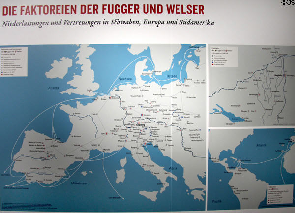 Maps showing factories & shipping routes of Fugger & Welser factories in Europe & South America at Fugger und Welser Erlebnismuseum. Augsburg, Germany.