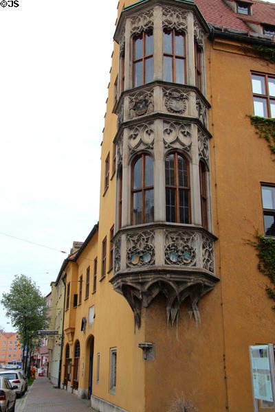 Oriel window at Fuggerei (1516) which consists of 53 gabled houses for the poor founded by Jakob Fugger. Augsburg, Germany. Architect: Thomas Krebs.