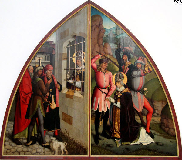 Scenes from Legend of St Valentine paintings (after 1500) by Bartholomäus Zeitblom of Ulm wherein Valentine converts an executioner while imprisoned & is martyred in Municipal Art Gallery at Schaezler Palace. Augsburg, Germany.