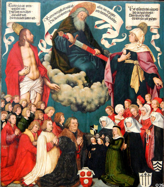 Votive painting of Ulrich Schwarz & his Family (c1508) depicting God the Father, Jesus Christ & Mary along with Schwarz, his three wives & 31 children by Hans Holbein Elder in Municipal Art Gallery at Schaezler Palace. Augsburg, Germany.