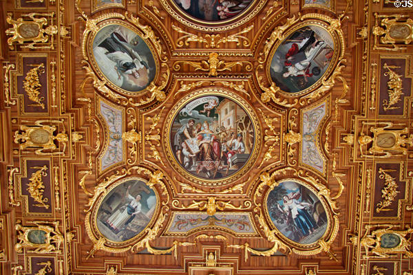 Ceiling painting, surrounded by others, titled Civitates Conduntur i.e. Cities are Founded in Goldener Saal at Augsburg Rathaus. Augsburg, Germany.