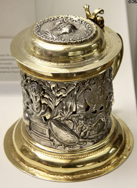 Silver lidded tankard with triumph of Goddess of Victory (1700) by goldsmith Johann Andreas Thelott from Augsburg at Maximilian Museum. Augsburg, Germany.