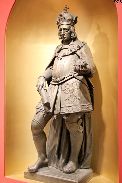 Terracotta & painted bronze statue of Kaiser Maximilian I (c1600) by Hans Reichle from Brixen at Maximilian Museum. Augsburg, Germany.