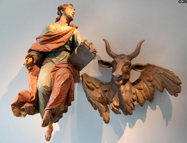 Symbols of Evangelists St Matthias (angel) & St Luke (bull) statues (1760) by Ignaz Günther from Munich at Maximilian Museum. Augsburg, Germany.