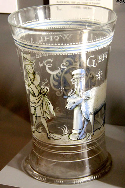 Glass beaker (1698) showing symbols of butcher's guild at Bamberg City Museum. Bamberg, Germany.