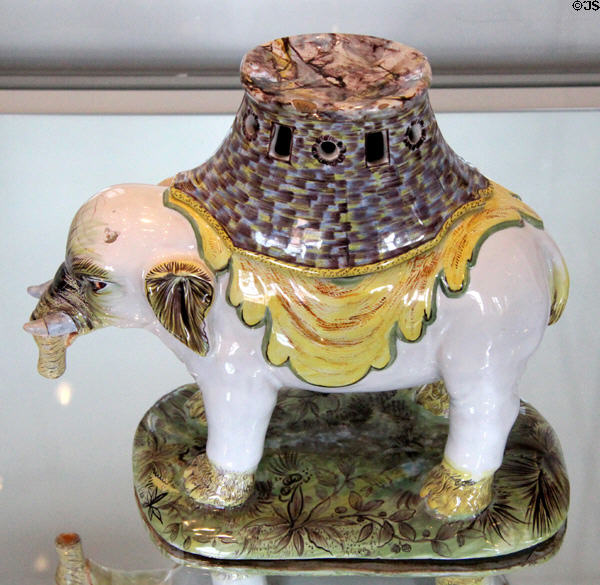 Faience elephant as potpourri scent holder (c1735-48) by Paul Hannong of Strasbourg, France at Bamberg Old Town Hall Museum of Faience & Porcelain. Bamberg, Germany.