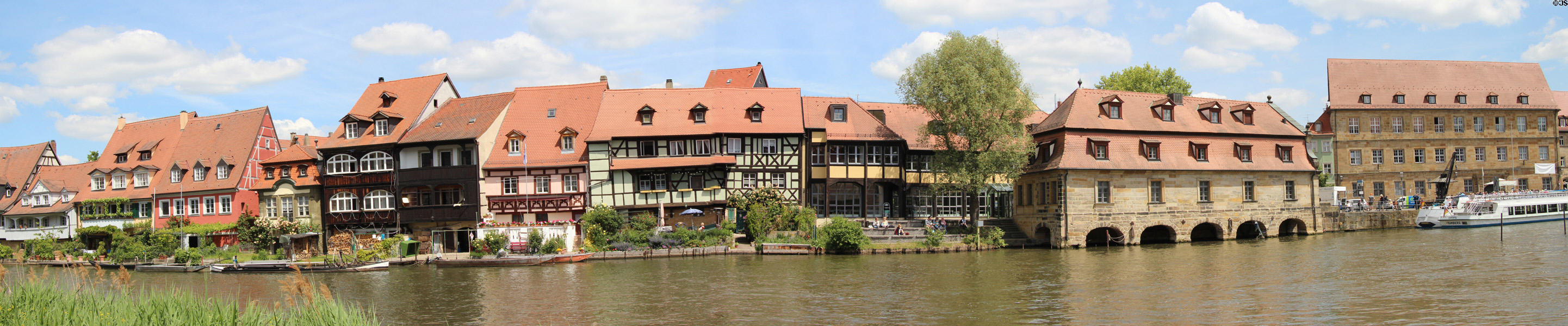 Panorama of Little Venice shore of Regnitz River. Bamberg, Germany.