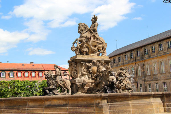 Margrave Christian Ernest equestrian fountain (1699-1705) by Elias Räntz celebrates victory over Turks in Vienna at Bayreuth New Palace. Bayreuth, Germany.