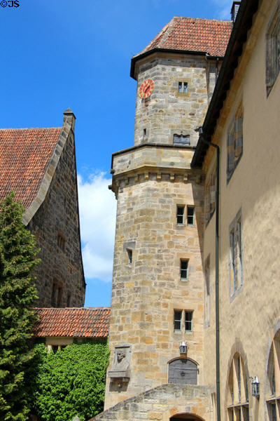 Stone clock tower at Coburg Castle. Coburg, Germany.