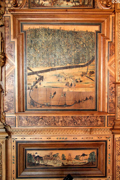 Details of Intarsia wood mosaics panels (before 1633) by Wolfgang Birkner in Intarsia Hunting Room at Coburg Castle. Coburg, Germany.