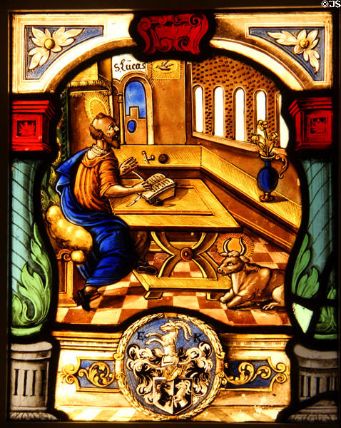 Evangelist Luke with bull attribute stained glass scene (early 17thC) prob. Nuremberg at Coburg Castle. Coburg, Germany.