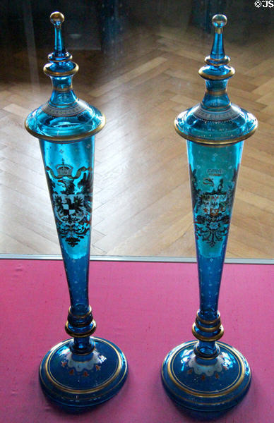 Pair of blue glass covered goblets (Pokals) at Coburg Castle. Coburg, Germany.