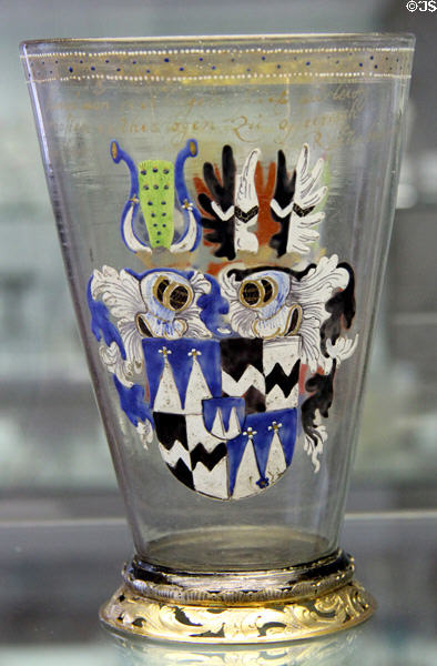 Front side of footed glass beaker with family shields of Daniel von Rechlingen & Pollixena von Cononi (c1570-80) from Hall/Tirol? at Coburg Castle. Coburg, Germany.