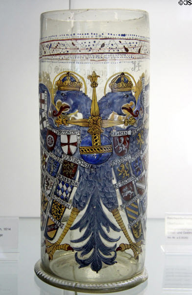Gray glass humpen with Reich eagle (1614) from Bohemia or Silesia at Coburg Castle. Coburg, Germany.