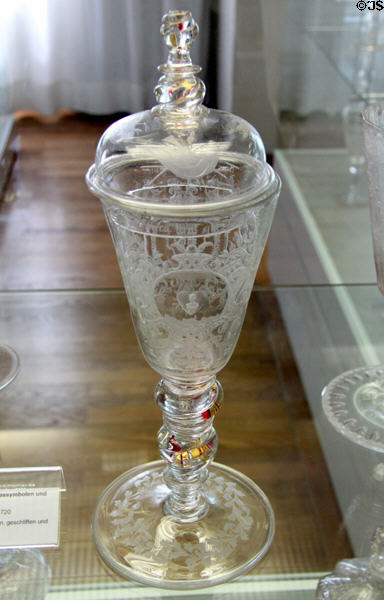 Glass covered pokal with engraved love symbols & inscription (c1720) from Bohemia at Coburg Castle. Coburg, Germany.