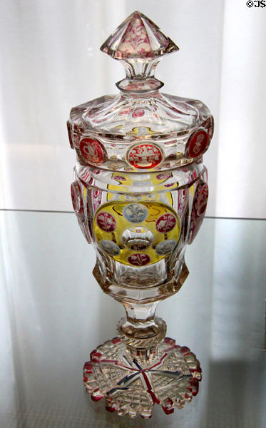Glass covered pokal with engraved colored stained roundels (1830-40) from Bohemia at Coburg Castle. Coburg, Germany.