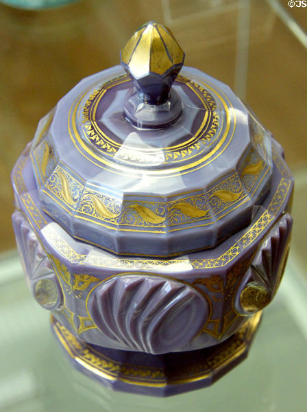 Violet glass lidded box with painted gilding (c1840) from Bohemia at Coburg Castle. Coburg, Germany.