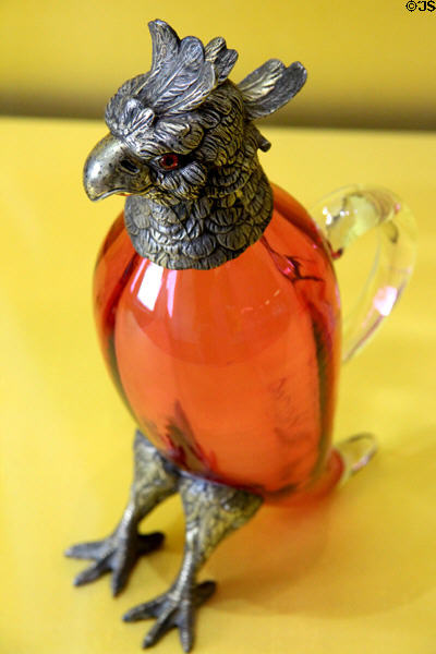 Pouring vessel in form of bird with rose glass body & metal head & feet 19thC from Germany or Czech Republic at Coburg Castle. Coburg, Germany.