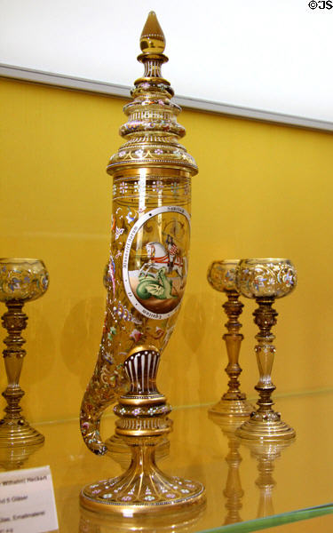 Covered glass pokal in form of hunting horn (c1875) by Fritz Heckert of Poland at Coburg Castle. Coburg, Germany.