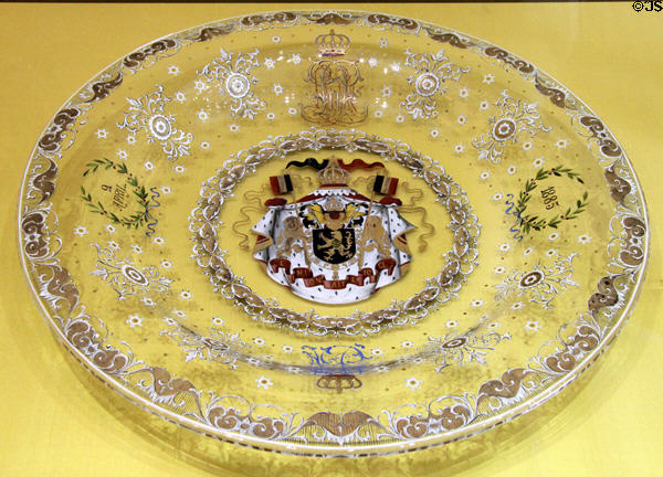 Glass plate enameled as gift to Belgian King Leopold II on 50th birthday (1885) by Joseph & Ludwig Lobmeyr of Austria as worked by Anton Ambrosius Egermann of Czech Republic at Coburg Castle. Coburg, Germany.