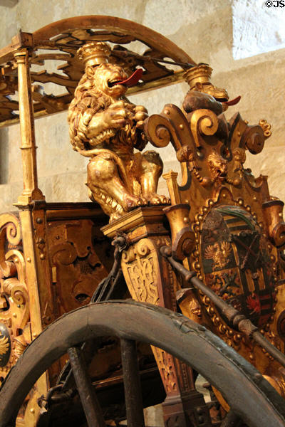 Carving details of Processional wagon (c1586) used for first wedding (1599) of Duke Johann Casimir von Sachsen-Coburg at Coburg Castle. Coburg, Germany.