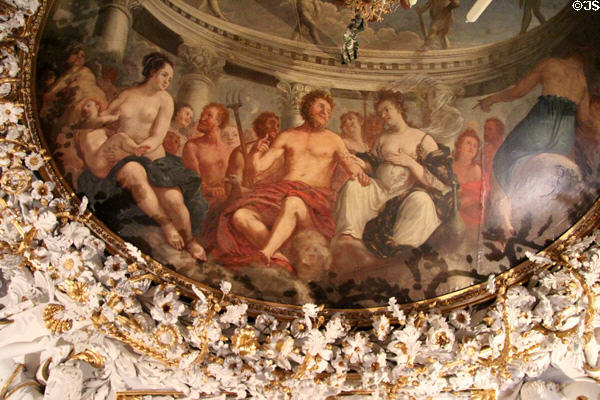 Detail of ceiling of Gobelin room (1692) with painting by Domenico Cadorata at Ehrenburg Palace. Coburg, Germany.