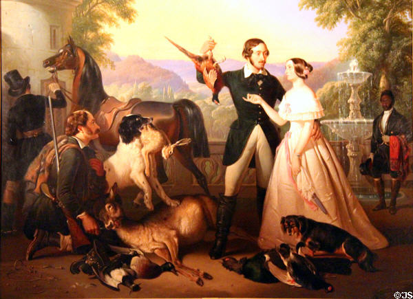 Duke Ernst II & wife Alexandrine after a hunt painting (1844) by Ben Jaggia Raden Saleh prince of Java at Ehrenburg Palace. Coburg, Germany.
