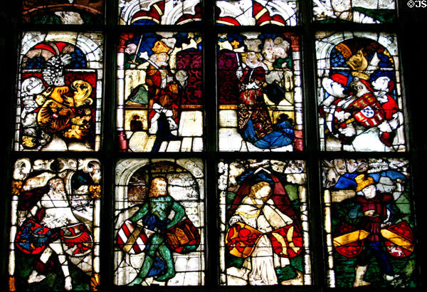 Stained glass window with Germanic figures at St Lawrence Church. Nuremberg, Germany.