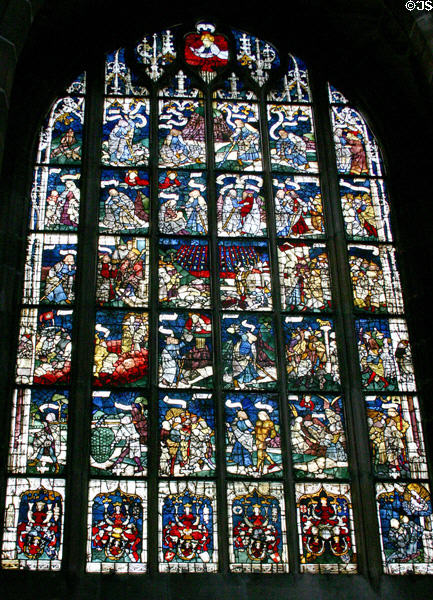 Stained glass window with Biblical scenes at St Lawrence Church. Nuremberg, Germany.
