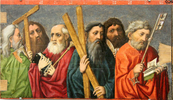Detail of Apostles with attributes painting (c1440) by Master of Tucher Altarpiece of Nurnberg at Germanisches Nationalmuseum. Nuremberg, Germany.