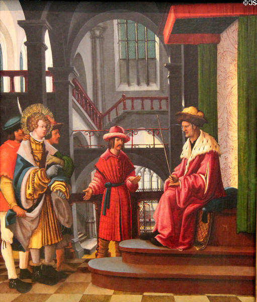 Presentation of captive Florian panel from St Florian Legend cycle of paintings (c1520) by Albrecht Altdorfer at Germanisches Nationalmuseum. Nuremberg, Germany.