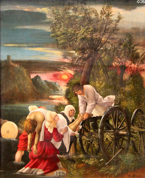 Recovery of Florian's body panel from St Florian Legend cycle of paintings (c1520) by Albrecht Altdorfer at Germanisches Nationalmuseum. Nuremberg, Germany.