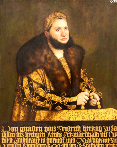 Portrait of Frederick III the Wise, Elector of Saxony (1507-8) by Lucas Cranach at Germanisches Nationalmuseum. Nuremberg, Germany.