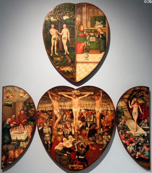 Colditz Altarpiece in heart-shape painting (1584) by Lucas Cranach Younger at Germanisches Nationalmuseum. Nuremberg, Germany.
