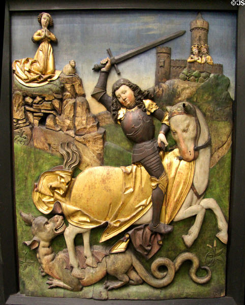 St George Slaying the Dragon wood carving (c1480) from Bamberg at Germanisches Nationalmuseum. Nuremberg, Germany.