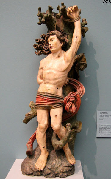 St Sebastian woodcarving (c1515) by Peter Dell the Elder from Landshut at Germanisches Nationalmuseum. Nuremberg, Germany.