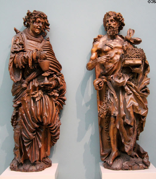 John the Evangelist & John the Baptist woodcarvings (c1520-5) by Master HL from Freiburg at Germanisches Nationalmuseum. Nuremberg, Germany.