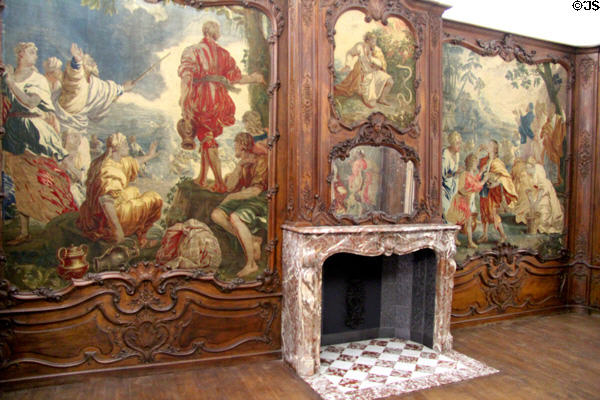 Gobelin tapestries with story of Moses by Franz & Peter van der Borcht of Brussels framed in wooden panels from ruins of Aachen house (1734-42) at Germanisches Nationalmuseum. Nuremberg, Germany.