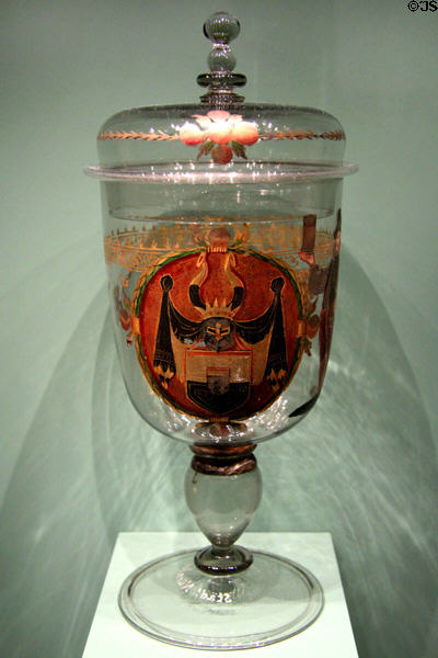 Glass cup pokal (1590-1600) from Tirol painted in Nuremberg at Germanisches Nationalmuseum. Nuremberg, Germany.