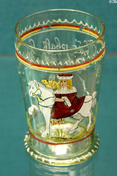 Glass beaker enameled with elector on horseback (c1684) at Germanisches Nationalmuseum. Nuremberg, Germany.