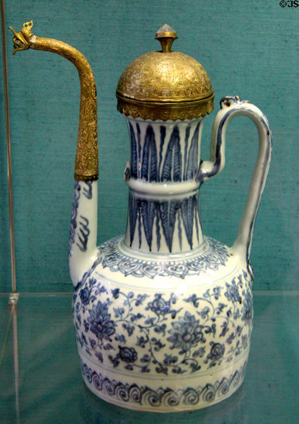 Persian faience ewer in cobalt blue with metal spout & cover (17thC) at Germanisches Nationalmuseum. Nuremberg, Germany.