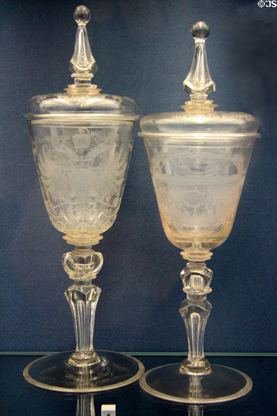 Wheel engraved glass covered pokal cups with coats of arms (c1730) from Thüringen prob. Georg Ernst Kunckel at Germanisches Nationalmuseum. Nuremberg, Germany.