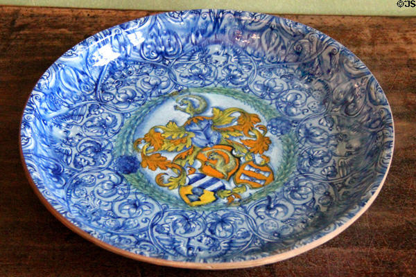 Tucher coat of arms on faience plate at Tucher Mansion Museum. Nuremberg, Germany.